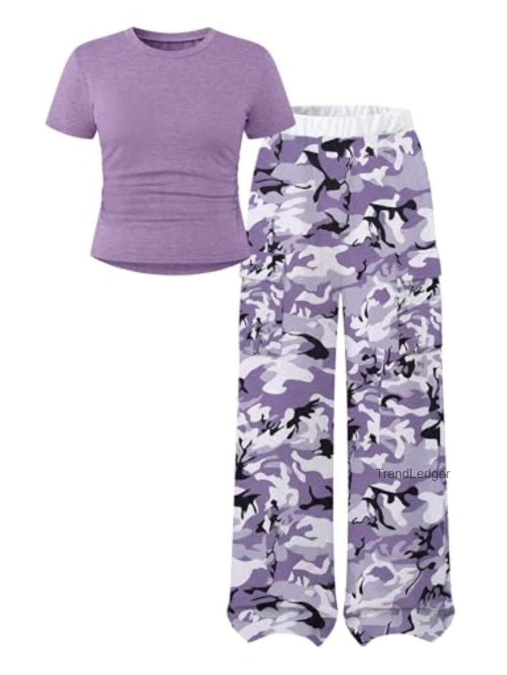 Girls 2PC Summer Outfit Pleated Short Sleeve Top & Camo Wide Leg Pants Set